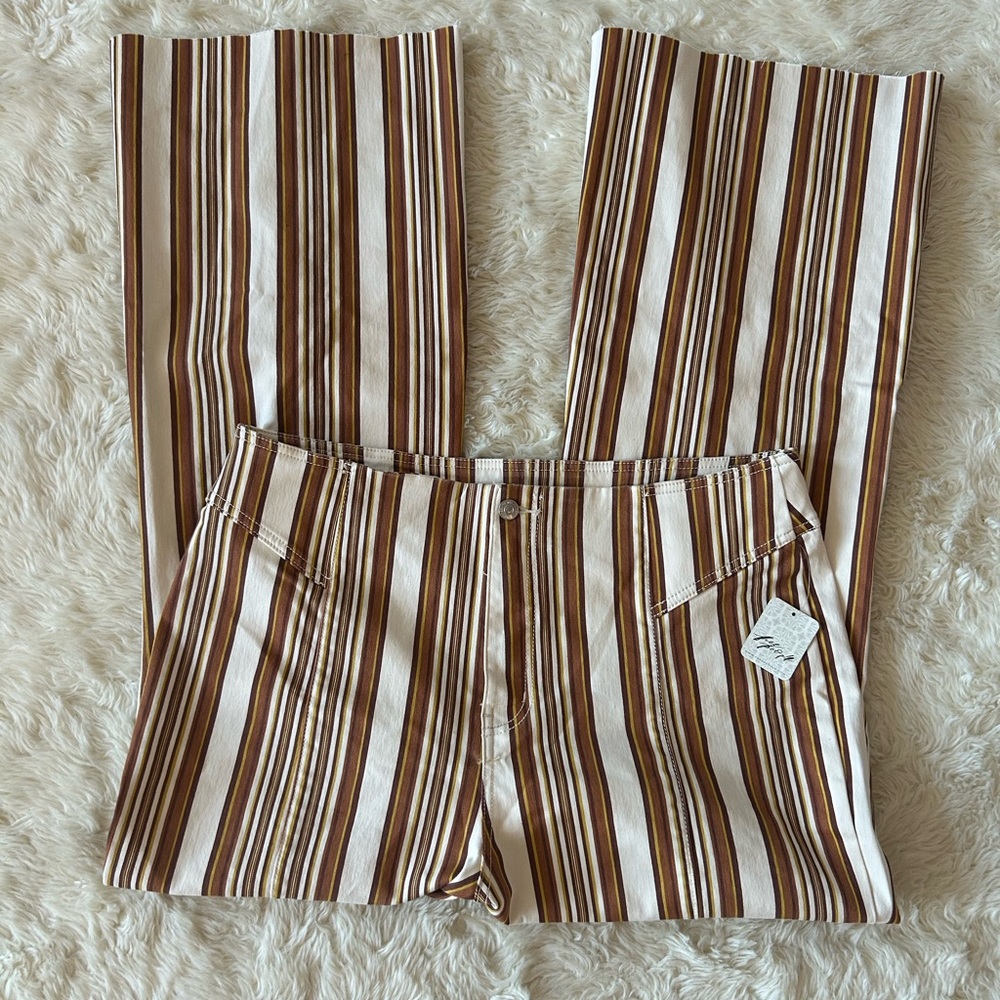Free People Striped Flare Jeans in Cream, Brown & Tan